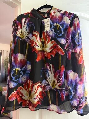 INC International Concepts Black Floral Tie-Neck Blouse